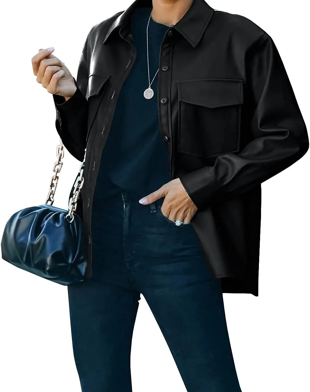 Womens Button Front Faux PU Leather Jacket Shacket Casual Shirt Long Sleeve Blazer Coat with Bust Pocket