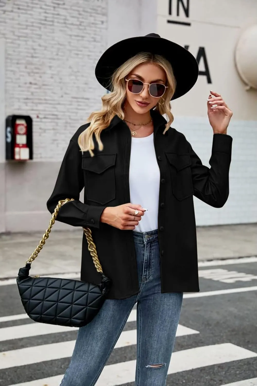 Womens Button Front Faux PU Leather Jacket Shacket Casual Shirt Long Sleeve Blazer Coat with Bust Pocket
