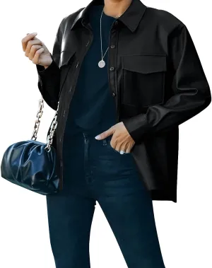 Womens Button Front Faux PU Leather Jacket Shacket Casual Shirt Long Sleeve Blazer Coat with Bust Pocket