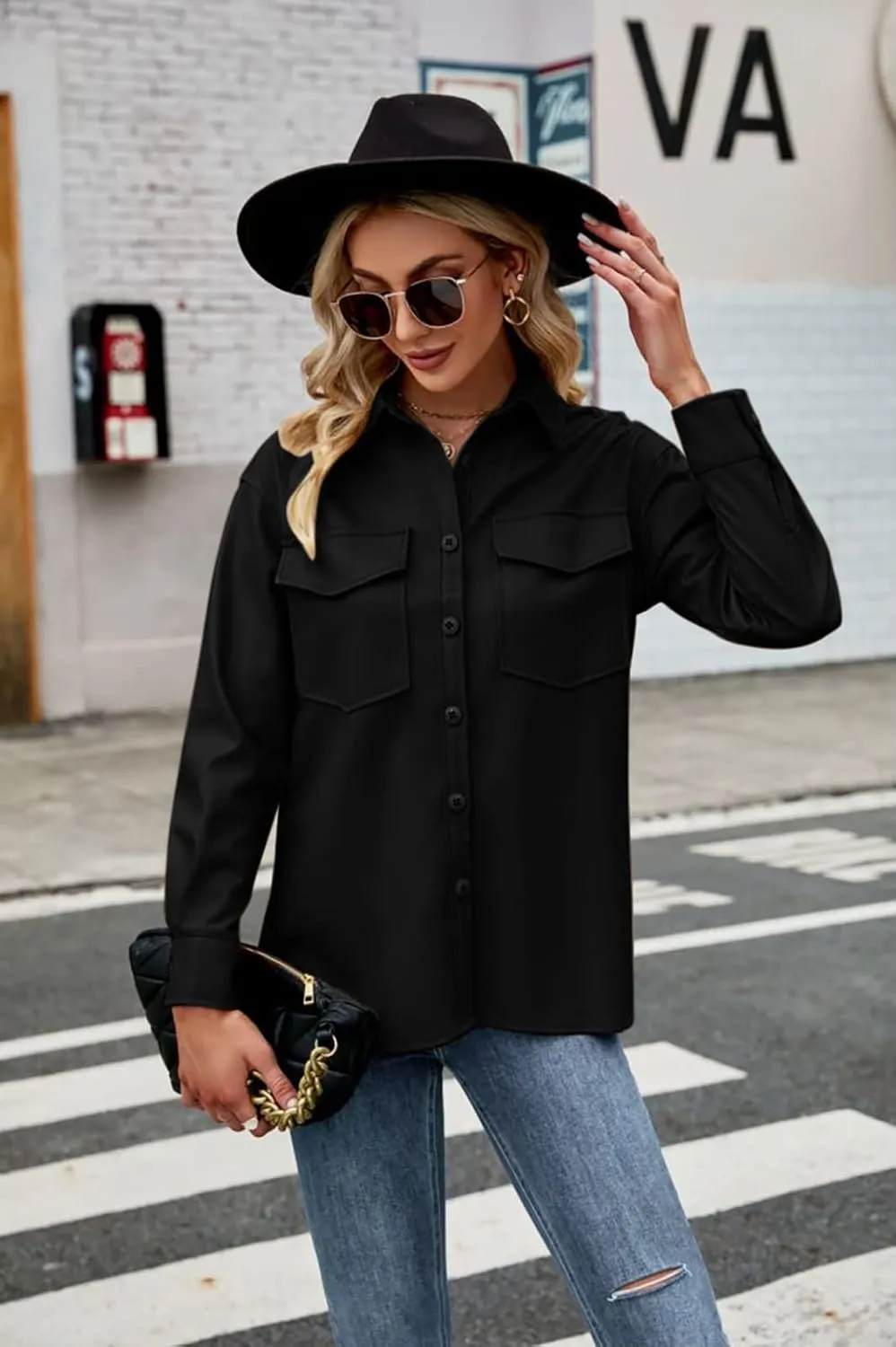 Womens Button Front Faux PU Leather Jacket Shacket Casual Shirt Long Sleeve Blazer Coat with Bust Pocket