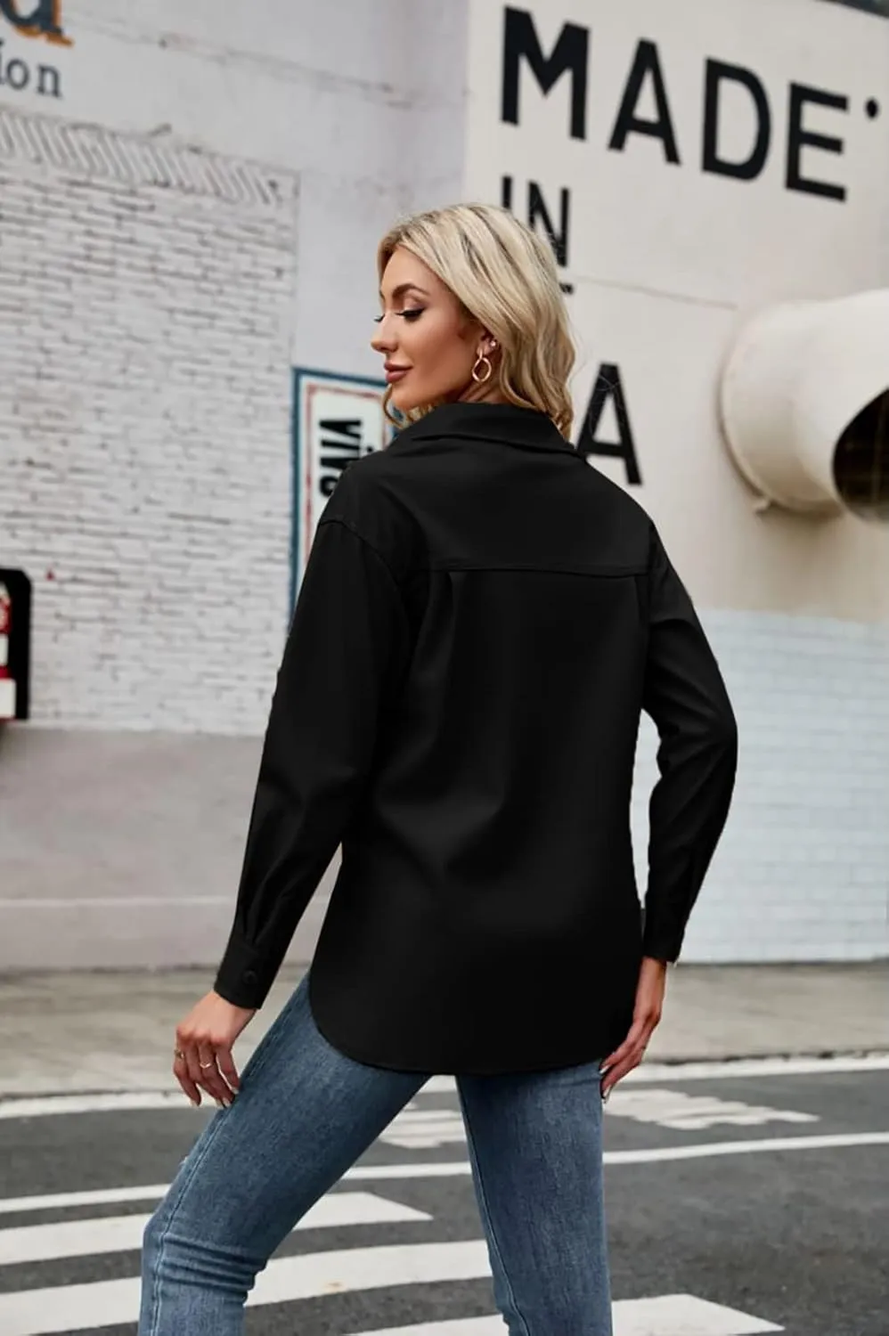 Womens Button Front Faux PU Leather Jacket Shacket Casual Shirt Long Sleeve Blazer Coat with Bust Pocket