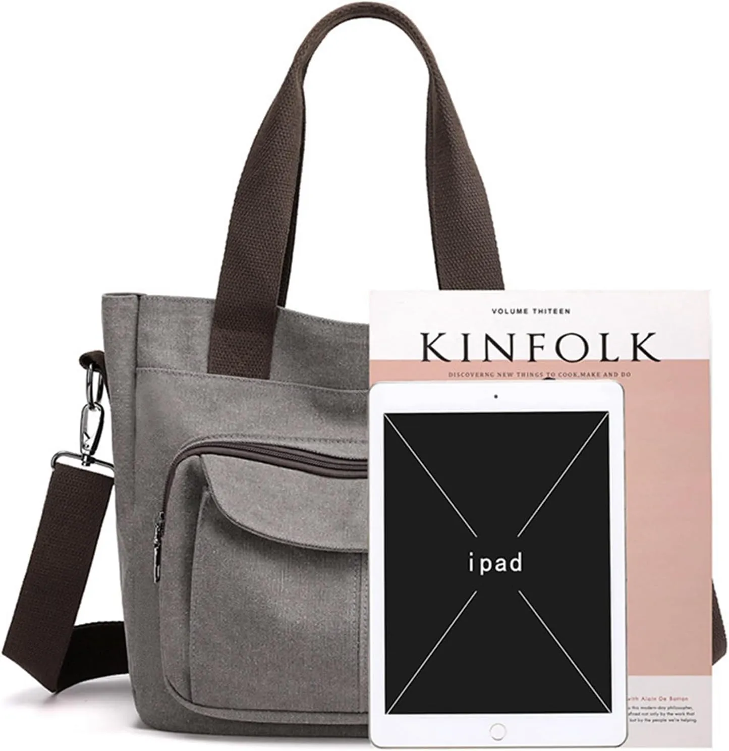 Women's Canvas Top Handle Handbag Stylish Multi-pocket Shoulder Tote Purse Work Crossbody Bags (Grey) One Size