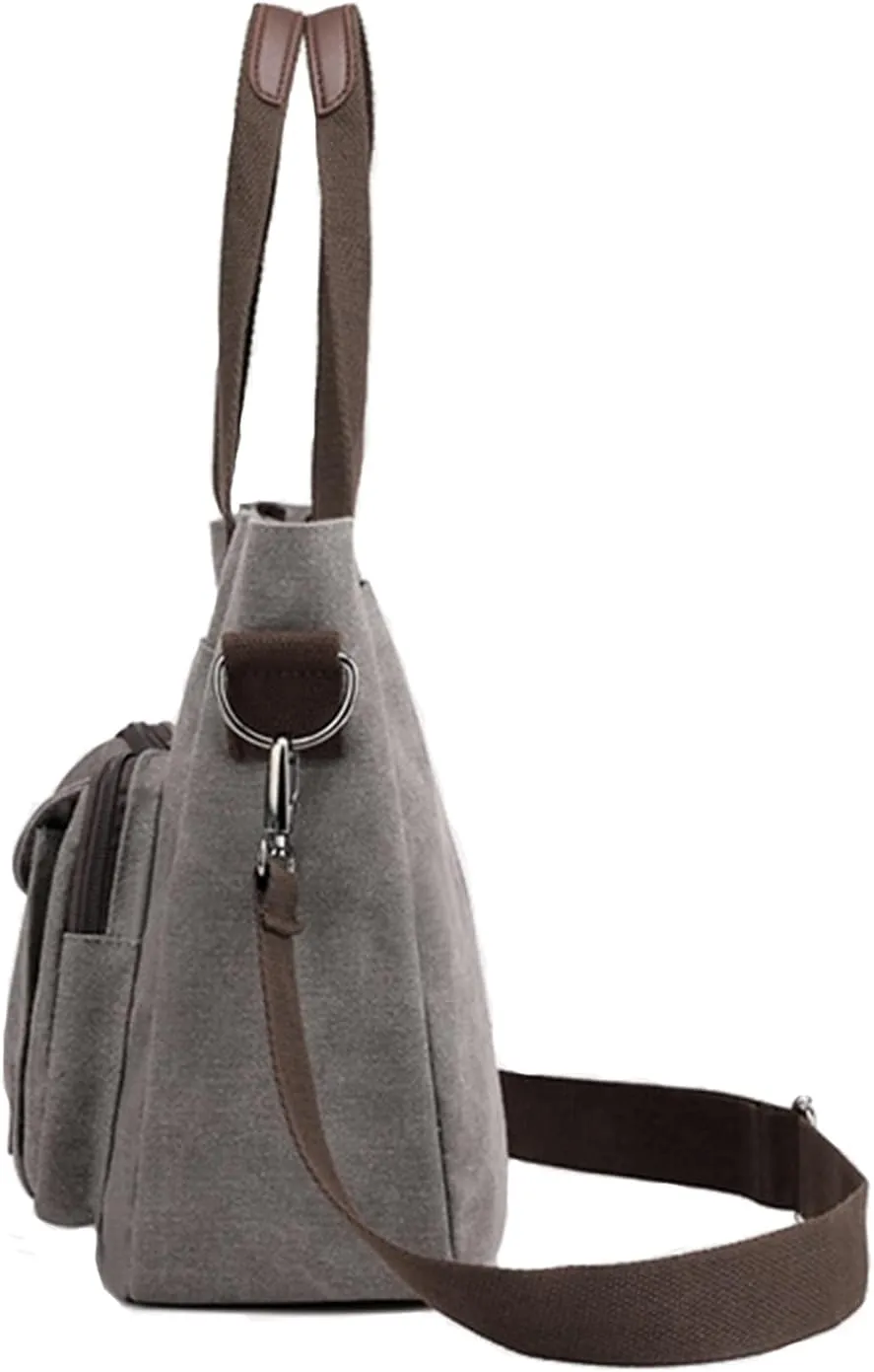 Women's Canvas Top Handle Handbag Stylish Multi-pocket Shoulder Tote Purse Work Crossbody Bags (Grey) One Size