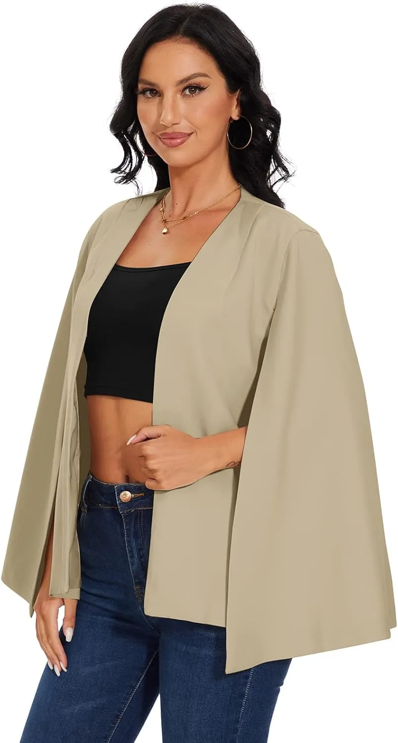 Womens Cape Blazer - Split Sleeve Open Front Casual Jacket Coat Workwear Elegant Formal Cape Coat