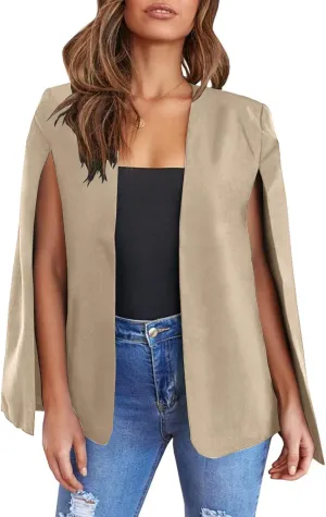 Womens Cape Blazer - Split Sleeve Open Front Casual Jacket Coat Workwear Elegant Formal Cape Coat
