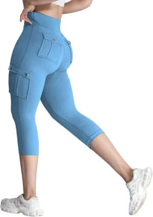 Womens Capri Leggings Tummy Control Yoga Pants Athletic Workout Butt Lifting Cargo Pants Solid Stretch High Waist Pant