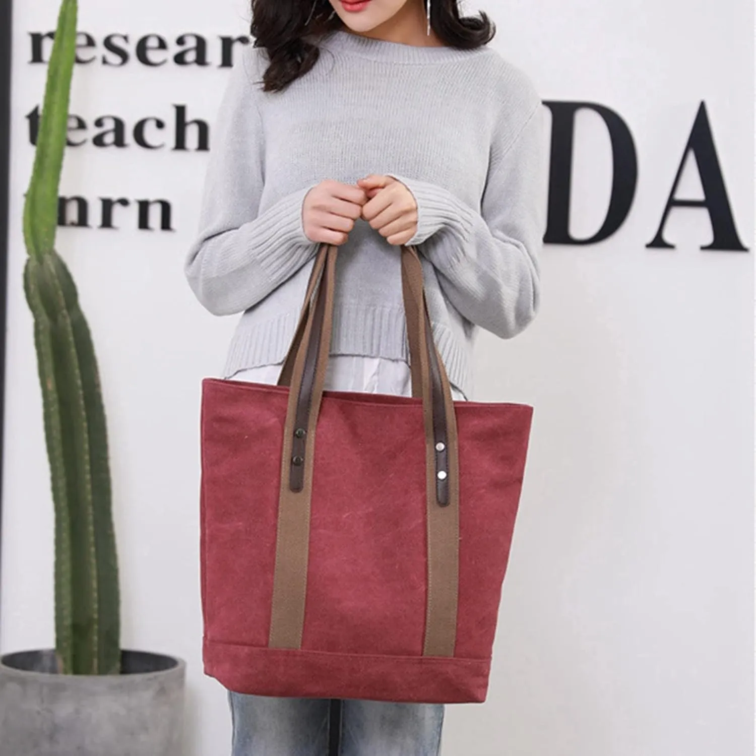 Women's Casual Canvas Handbags Work Tote Purses Shoulder Bags (Brown) One Size