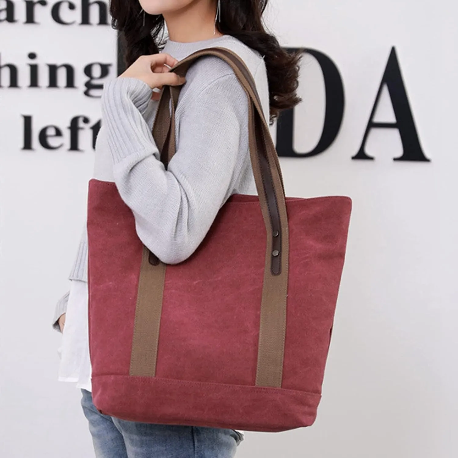 Women's Casual Canvas Handbags Work Tote Purses Shoulder Bags (Brown) One Size