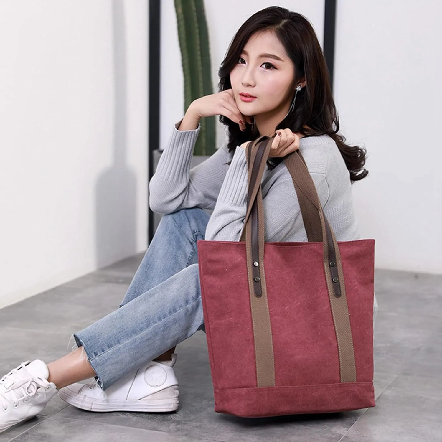 Women's Casual Canvas Handbags Work Tote Purses Shoulder Bags (Brown) One Size