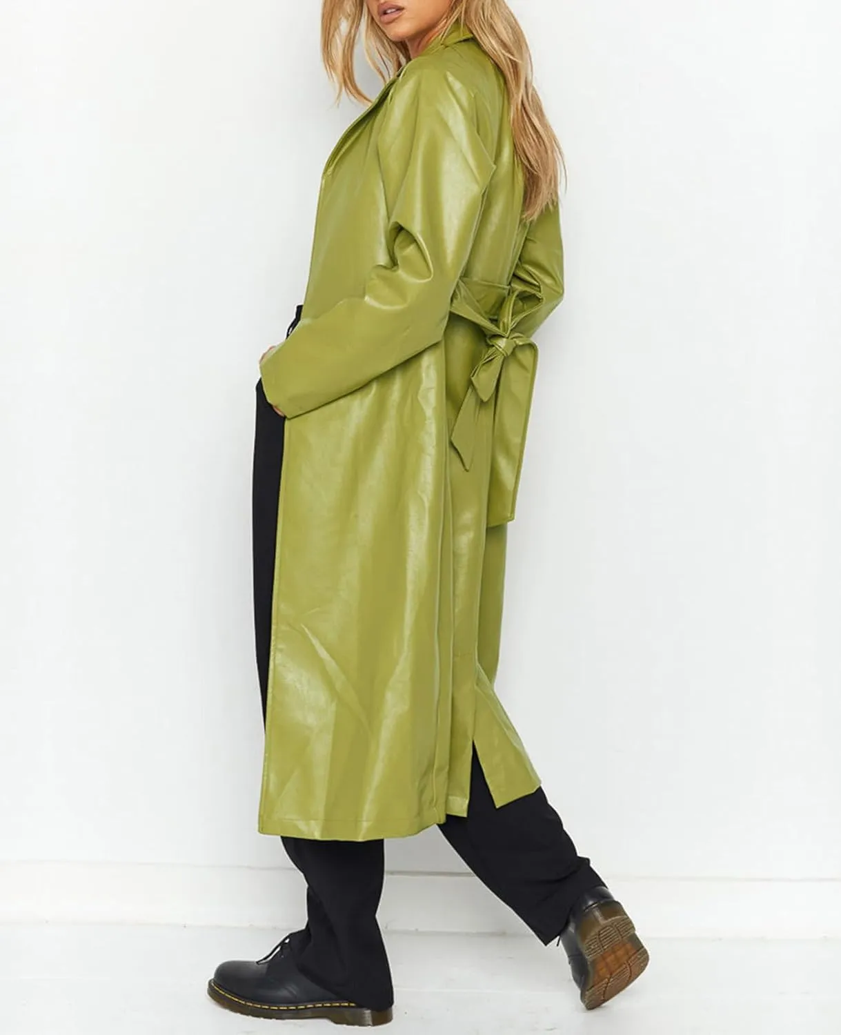 Women's Casual PU Leather Long Jacket Lapel Open Front Trench Coat with Belt