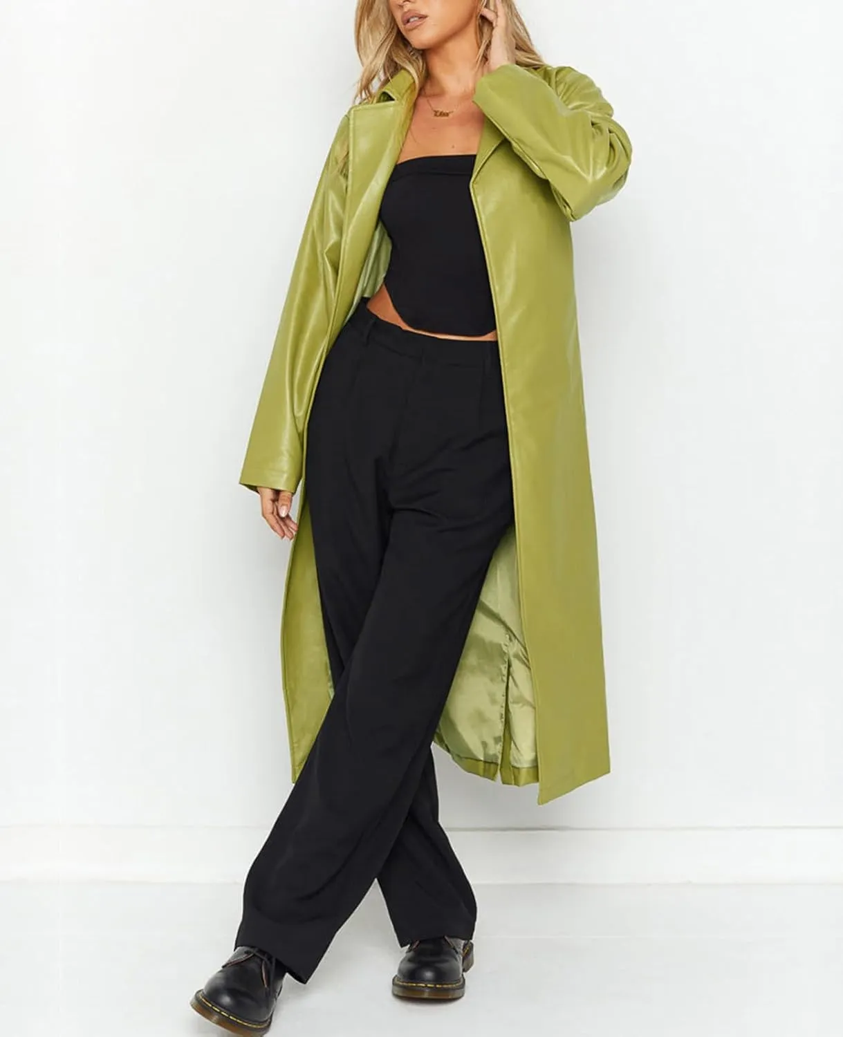 Women's Casual PU Leather Long Jacket Lapel Open Front Trench Coat with Belt