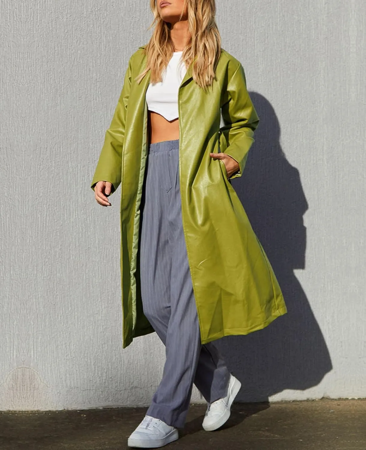 Women's Casual PU Leather Long Jacket Lapel Open Front Trench Coat with Belt