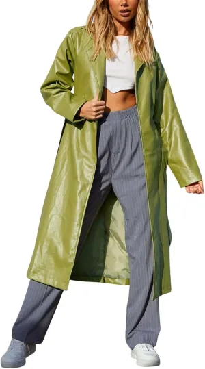 Women's Casual PU Leather Long Jacket Lapel Open Front Trench Coat with Belt