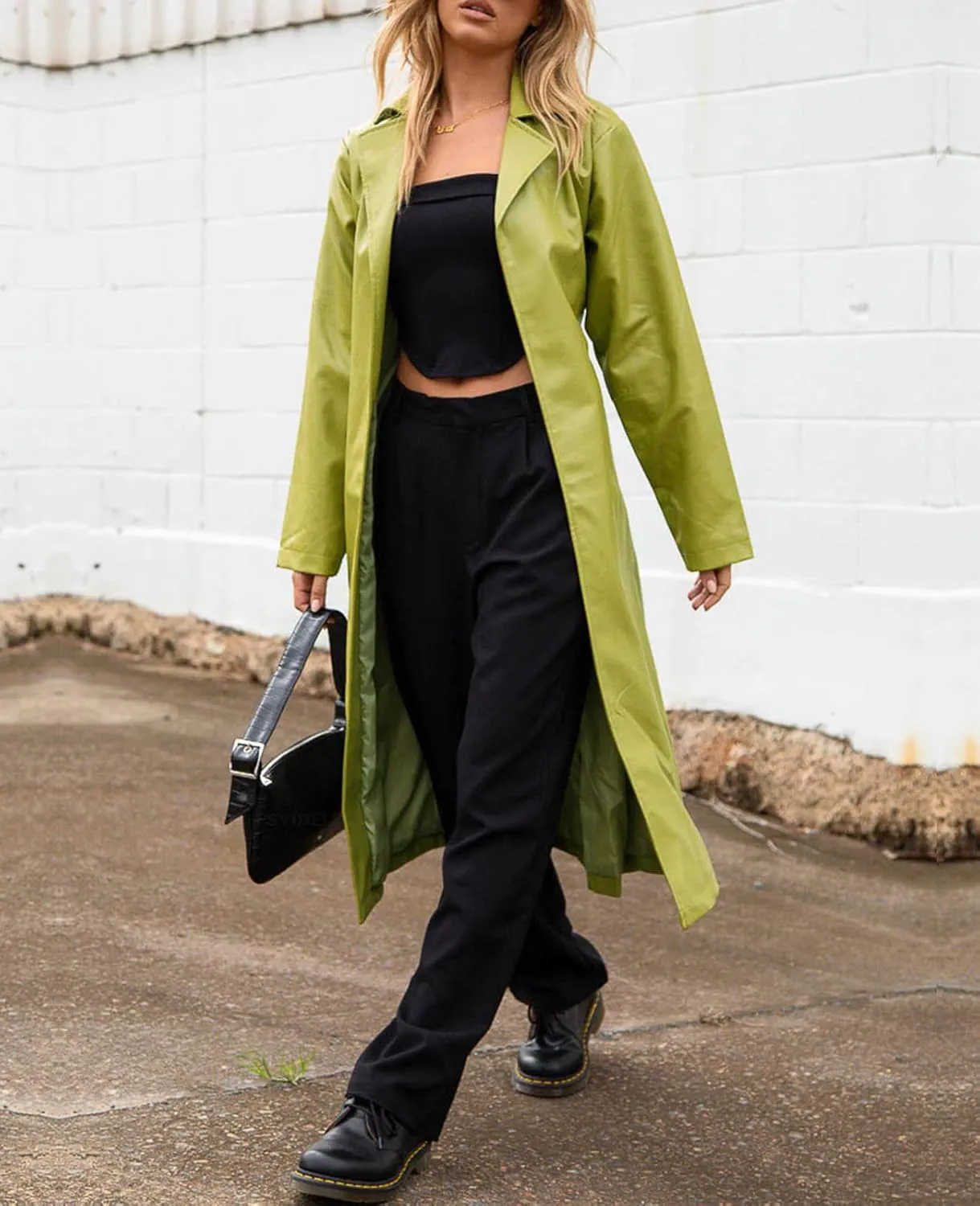 Women's Casual PU Leather Long Jacket Lapel Open Front Trench Coat with Belt