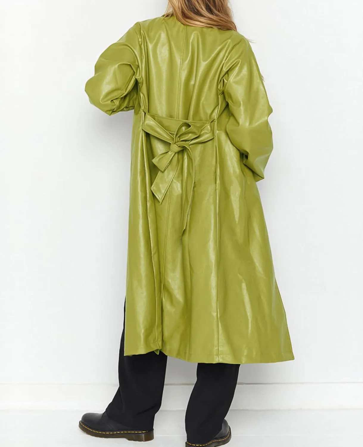 Women's Casual PU Leather Long Jacket Lapel Open Front Trench Coat with Belt