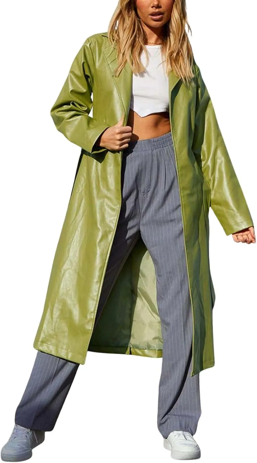 Women's Casual PU Leather Long Jacket Lapel Open Front Trench Coat with Belt