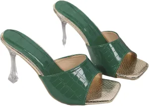 Women's Clear Heel Mules Open Toe High Heels – Green Croc-Embossed Slip-On Sandals with Gold Insole for Dressy Party, Club & Night Out Looks