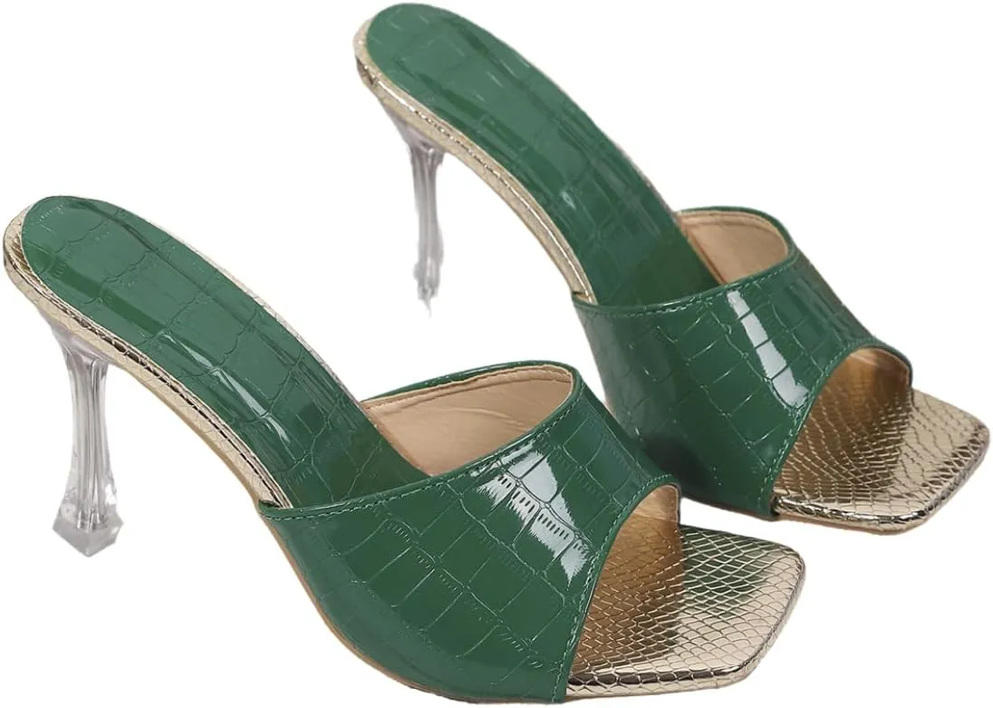 Women's Clear Heel Mules Open Toe High Heels – Green Croc-Embossed Slip-On Sandals with Gold Insole for Dressy Party, Club & Night Out Looks