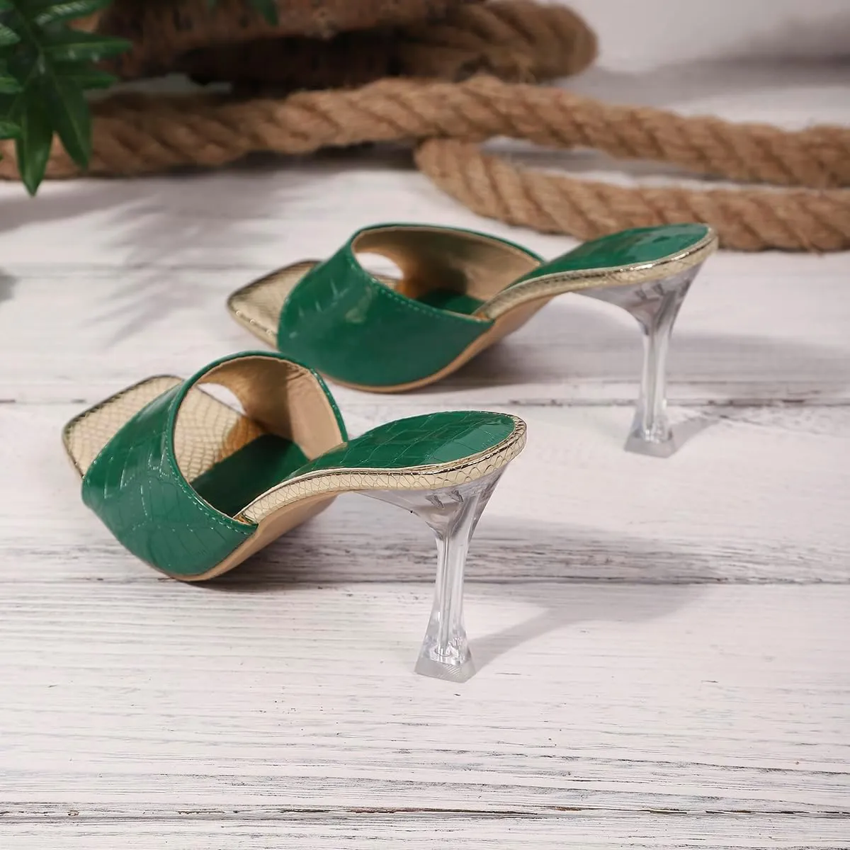 Women's Clear Heel Mules Open Toe High Heels – Green Croc-Embossed Slip-On Sandals with Gold Insole for Dressy Party, Club & Night Out Looks