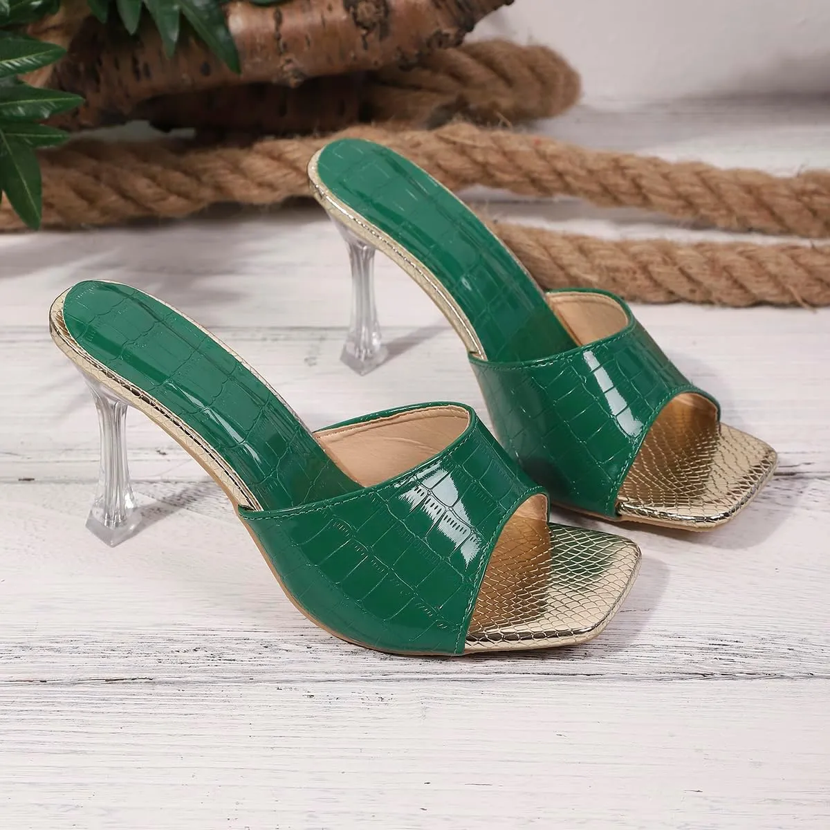 Women's Clear Heel Mules Open Toe High Heels – Green Croc-Embossed Slip-On Sandals with Gold Insole for Dressy Party, Club & Night Out Looks