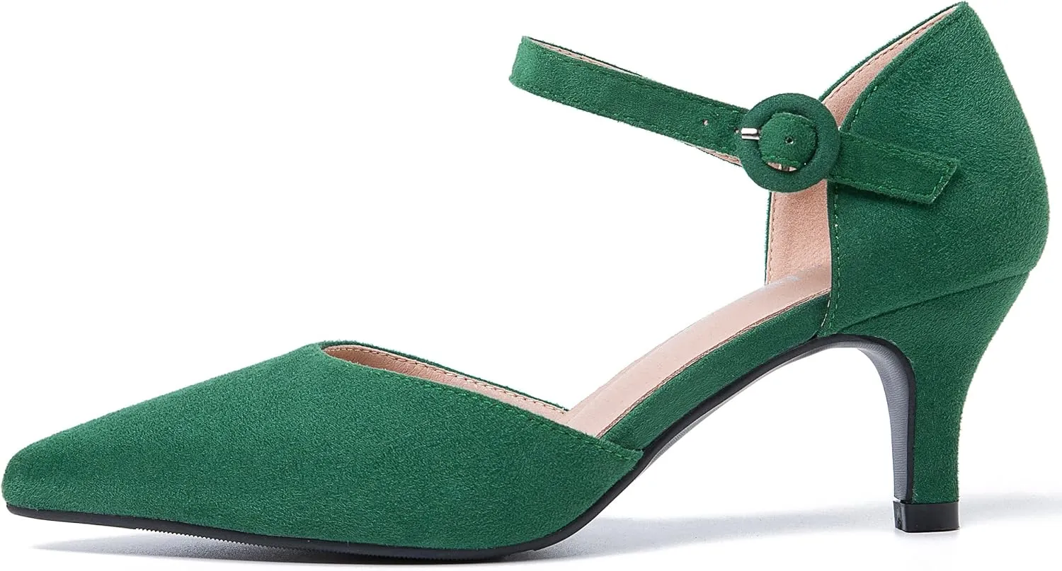 Women's Closed Pointed Toe Heels Ankle Strap D'Orsay Kitten Heel Dressy Pumps
