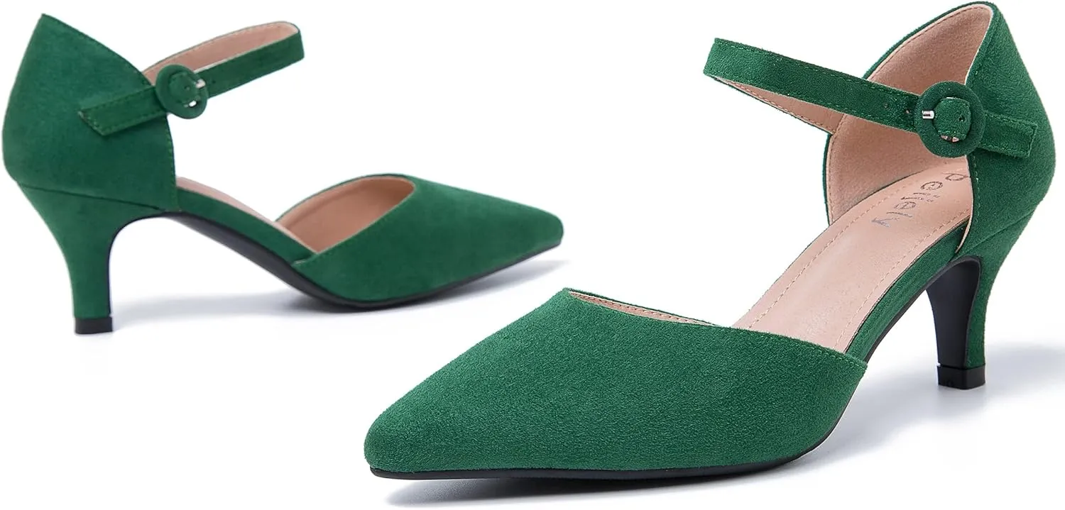 Women's Closed Pointed Toe Heels Ankle Strap D'Orsay Kitten Heel Dressy Pumps
