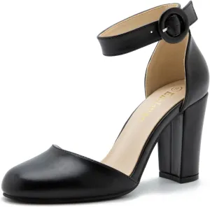 Women's Closed Toe Heels Ankle Strap Pumps Chunky Block High Heel D'Orsay Wedding Dress Shoes