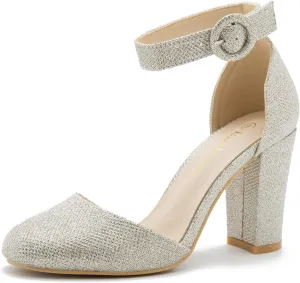 Women's Closed Toe Heels Ankle Strap Pumps Chunky Block High Heel D'Orsay Wedding Dress Shoes