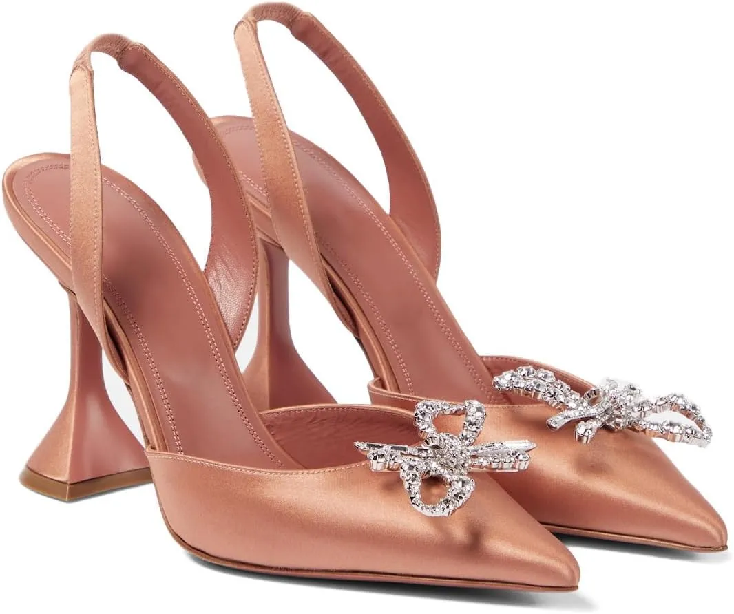 Women's Closed Toe Rhinstone Sandals Kitten Heel Slingback Clear Bowknots Pumps Adjustable Strap Pointed Toe Crystal Bow High Heels Wedding Bridal Prom Dress Shoes