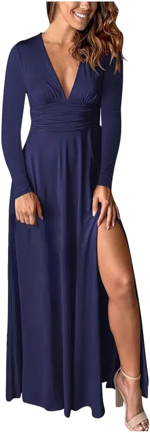 Women's Cocktail Gowns Dresses Fall V-Neck Pleated Elegant Casual Dress Sexy Side Split Club Night Prom Party Dresses