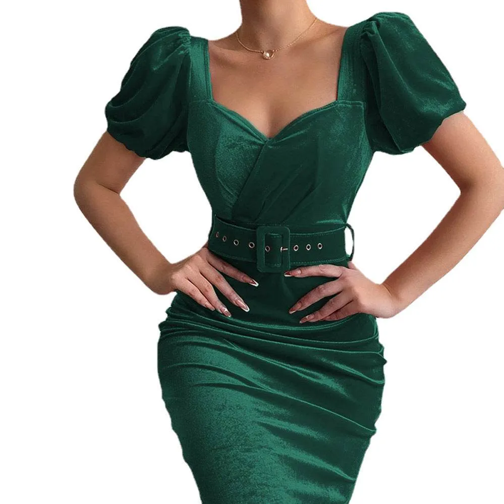 Women's Corset Low Neck Puff Sleeve Velvet Dress