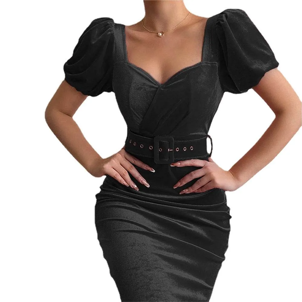 Women's Corset Low Neck Puff Sleeve Velvet Dress