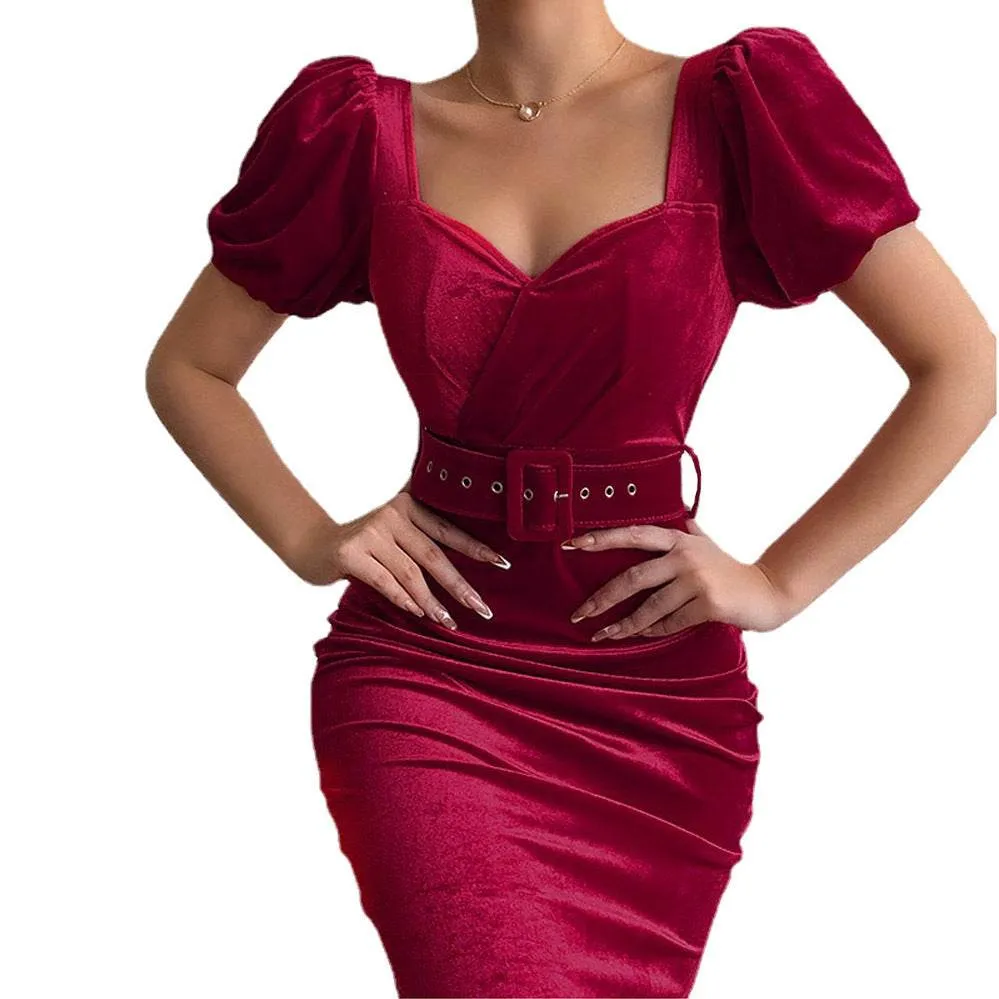 Women's Corset Low Neck Puff Sleeve Velvet Dress