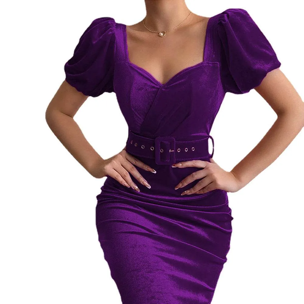 Women's Corset Low Neck Puff Sleeve Velvet Dress