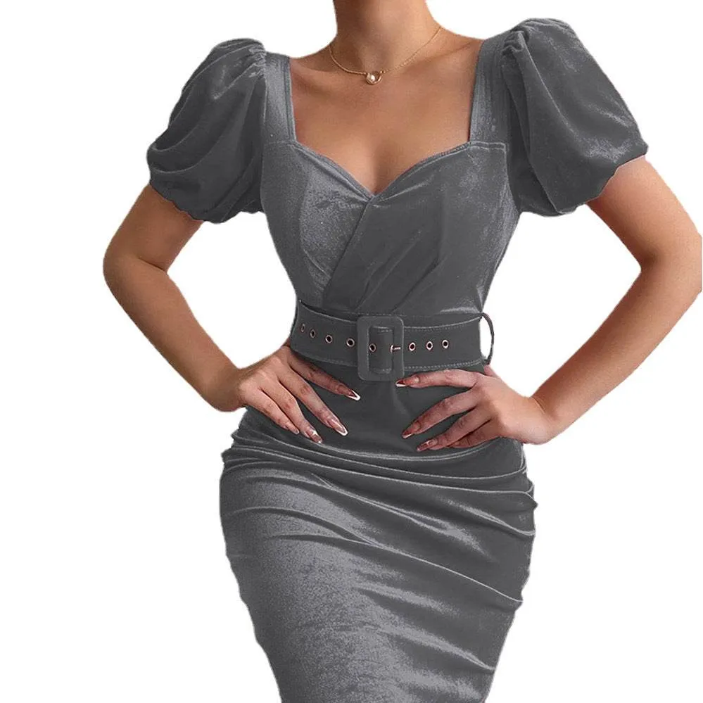 Women's Corset Low Neck Puff Sleeve Velvet Dress