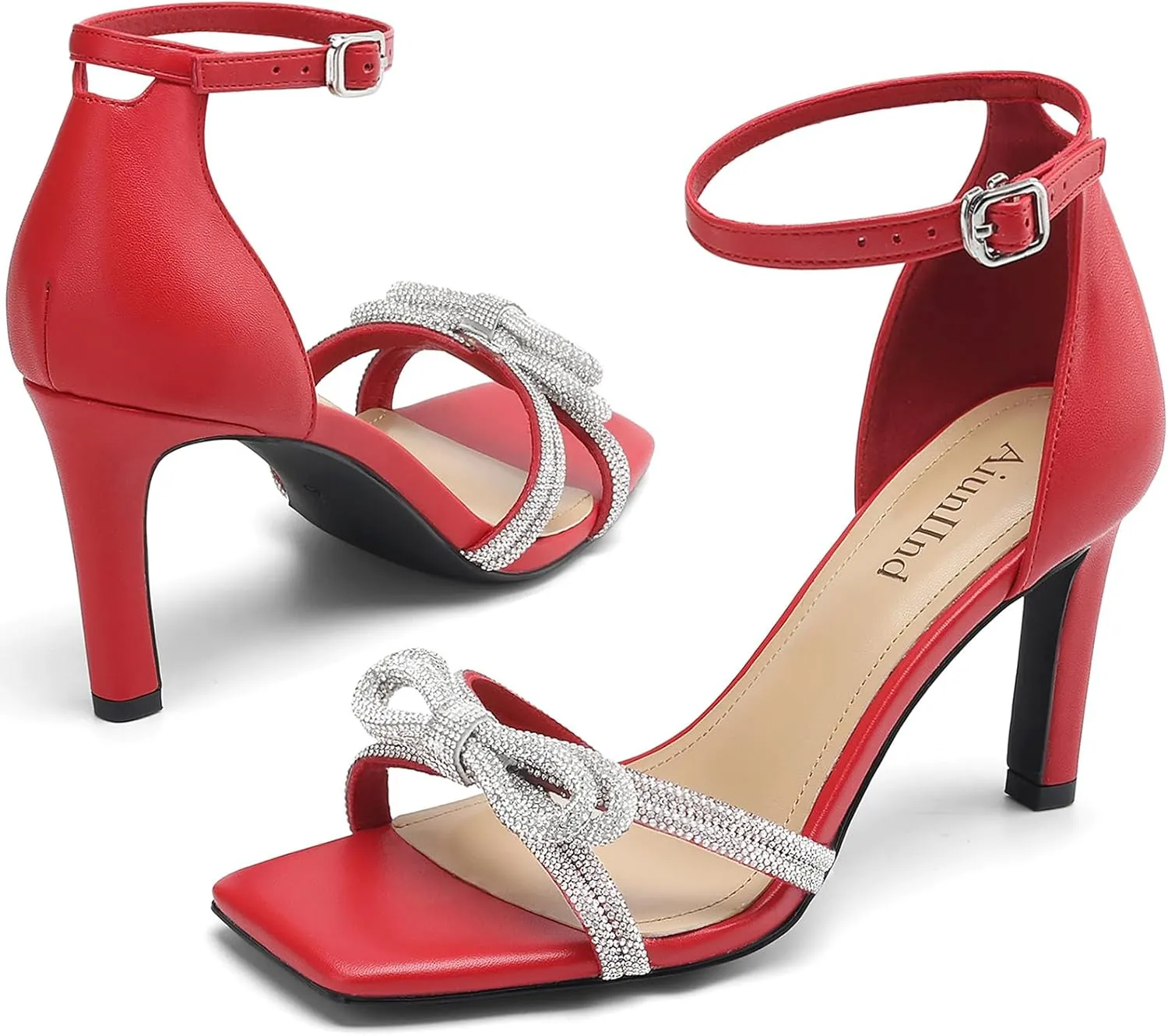 Women's Double Bowknots Heels Square Open Toe Ankle Strap Rhinestone Dress Shoes for Party Wedding