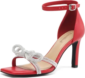Women's Double Bowknots Heels Square Open Toe Ankle Strap Rhinestone Dress Shoes for Party Wedding