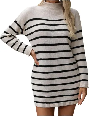 Womens Dresses Fall 2024 Rib Cotton Knit Striped Casual Sweater Dress High Neck Loose Long Sleeve Bodycon Mini Dress