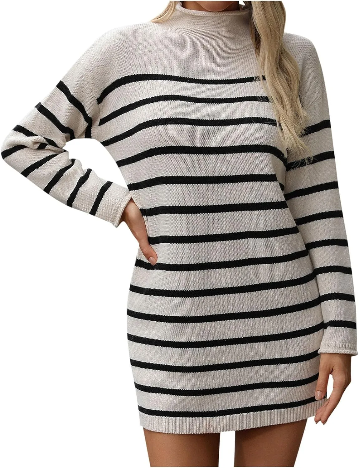 Womens Dresses Fall 2024 Rib Cotton Knit Striped Casual Sweater Dress High Neck Loose Long Sleeve Bodycon Mini Dress