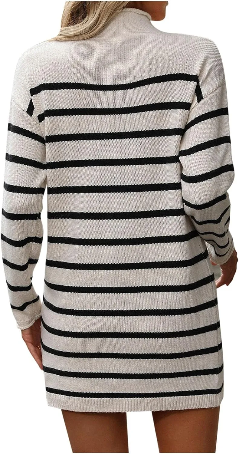 Womens Dresses Fall 2024 Rib Cotton Knit Striped Casual Sweater Dress High Neck Loose Long Sleeve Bodycon Mini Dress