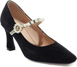Women's Elegant Velvet Mary Jane Pumps Kitten High Heel Pearl Ankle Strap Wedding Prom Dress Shoes