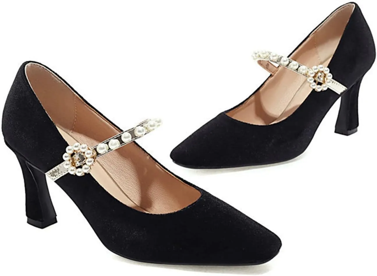 Women's Elegant Velvet Mary Jane Pumps Kitten High Heel Pearl Ankle Strap Wedding Prom Dress Shoes