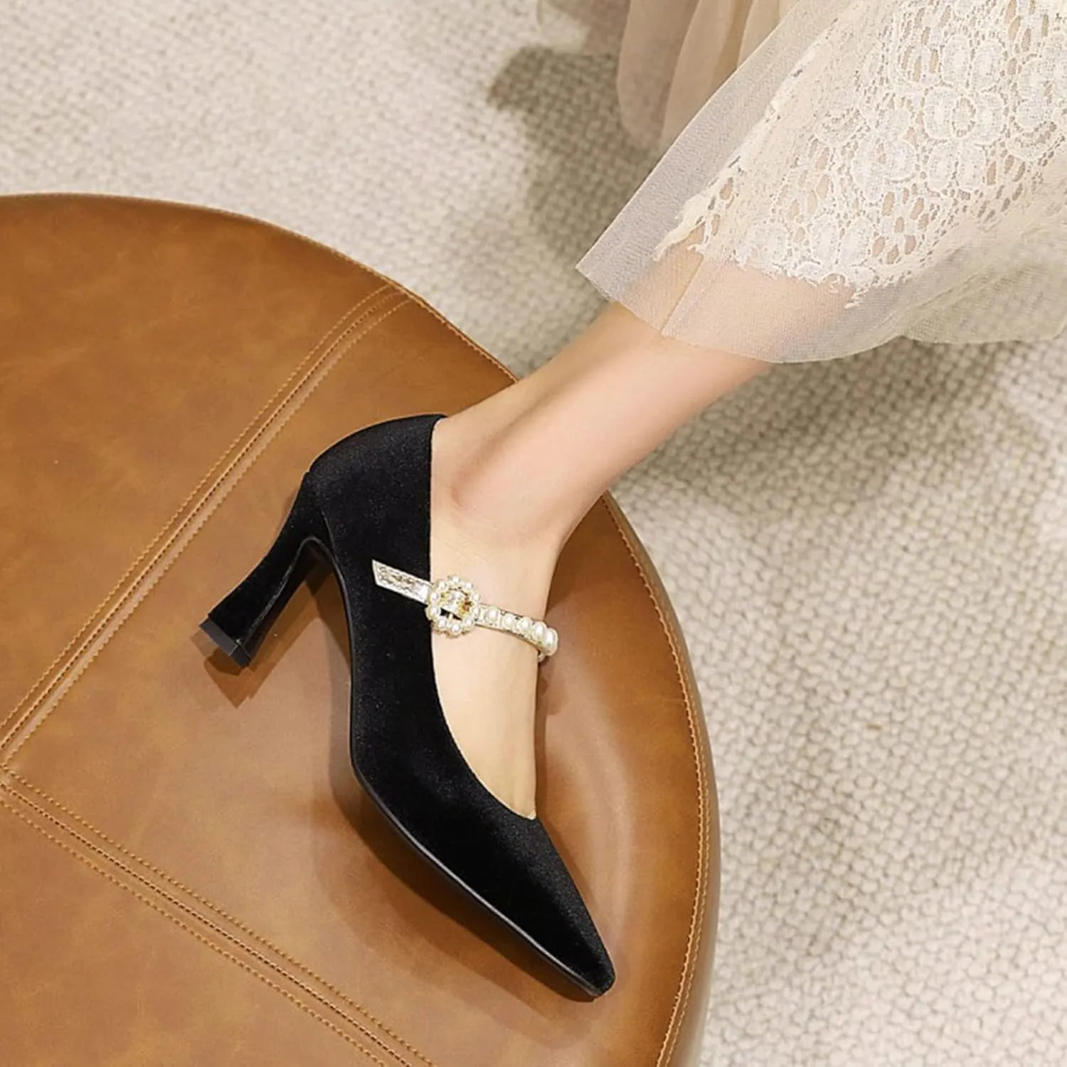 Women's Elegant Velvet Mary Jane Pumps Kitten High Heel Pearl Ankle Strap Wedding Prom Dress Shoes