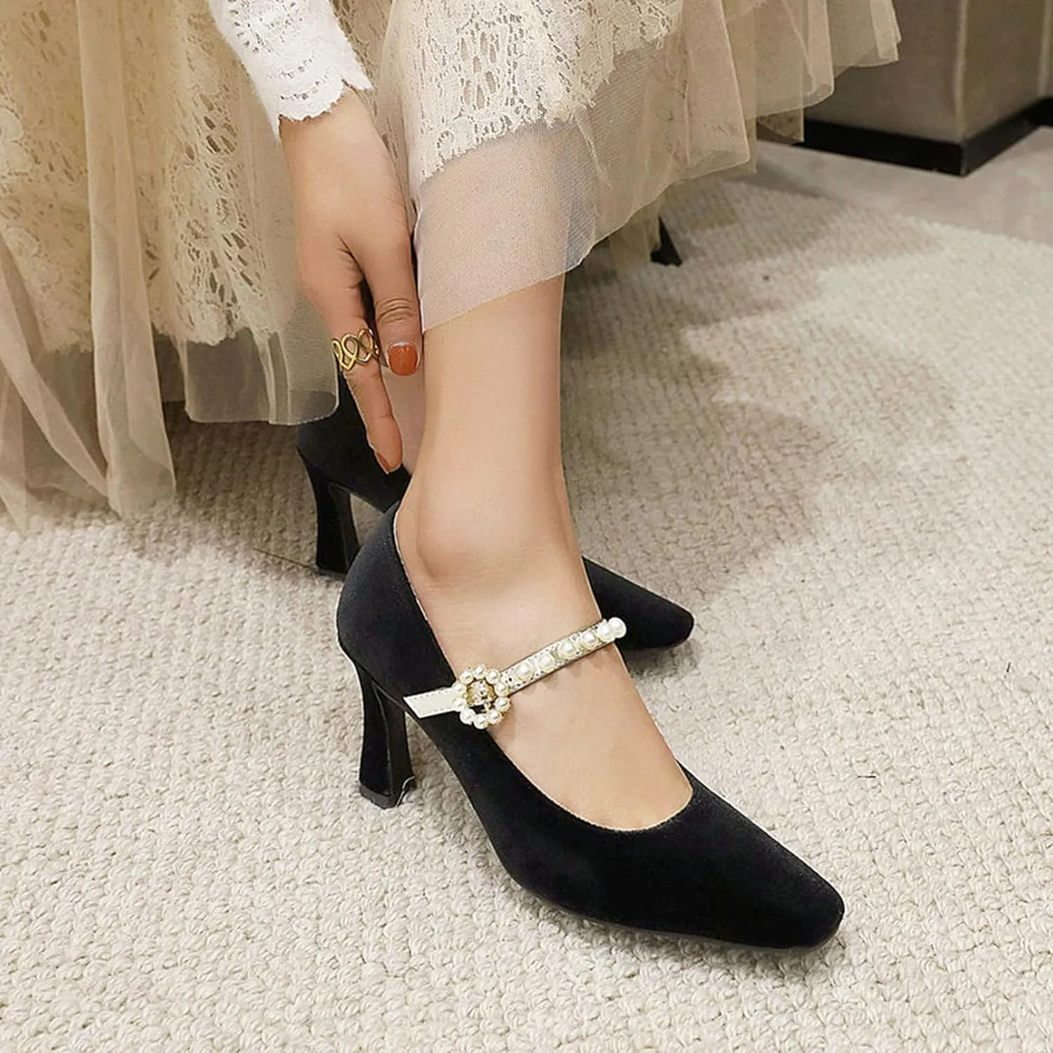 Women's Elegant Velvet Mary Jane Pumps Kitten High Heel Pearl Ankle Strap Wedding Prom Dress Shoes