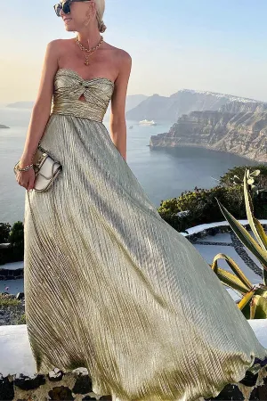 Women’s Evening Gown - Strapless A-Line - Pleated Metallic Finish - Full-Length Elegant Wear