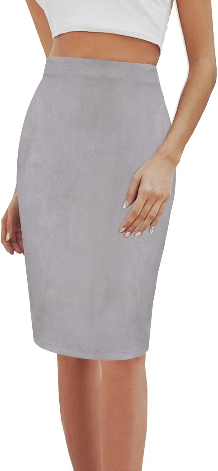 Women's Faux Suede Back Split Hip Packaged Skirt Midi Pencil Skirt