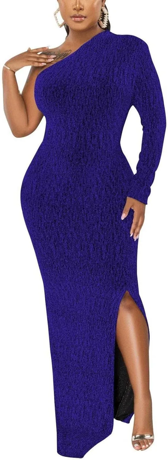 Women's Formal Dresses Elegant Long Sleeve Evening Party Dress Sexy One Shoulder High Split Cocktail Gowns