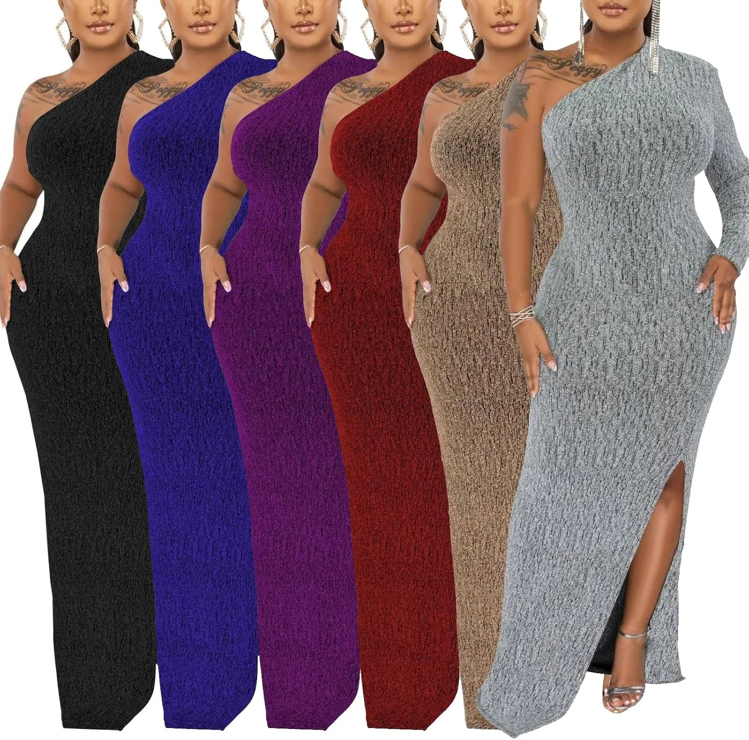 Women's Formal Dresses Elegant Long Sleeve Evening Party Dress Sexy One Shoulder High Split Cocktail Gowns
