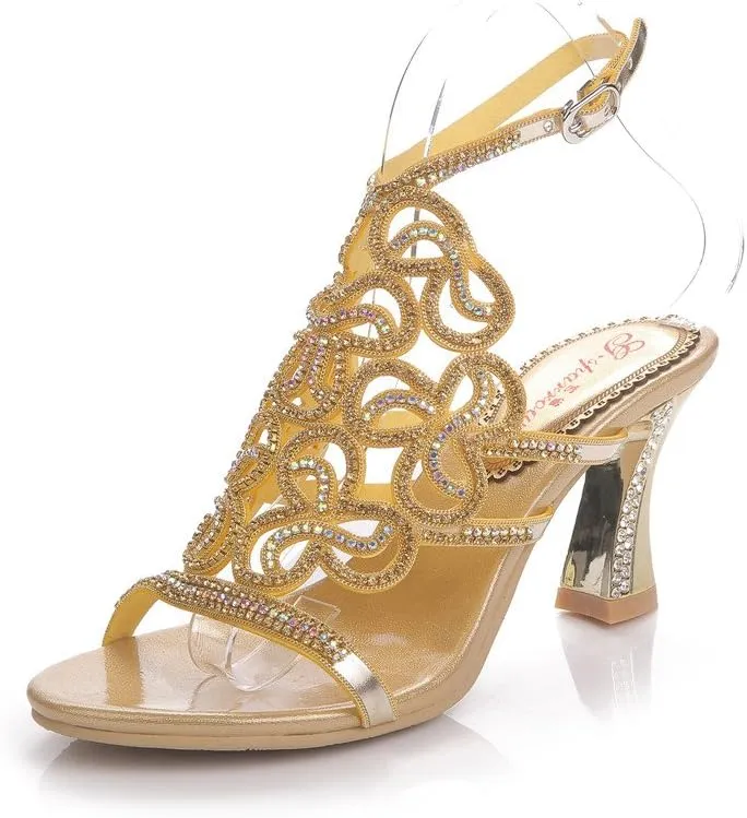Women's Handmade Rhinestones Crystal Butterfly Pattern Heel Evening Bridal Wedding Prom Sandals Heeled 2.5 cm