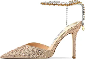 Women's Heeled Sandals Crystal Chain Ankle Straps Rhinestones Buckle High Heels Stiletto Slip On Wedding Party Satin Dress Shoes 3.9 IN